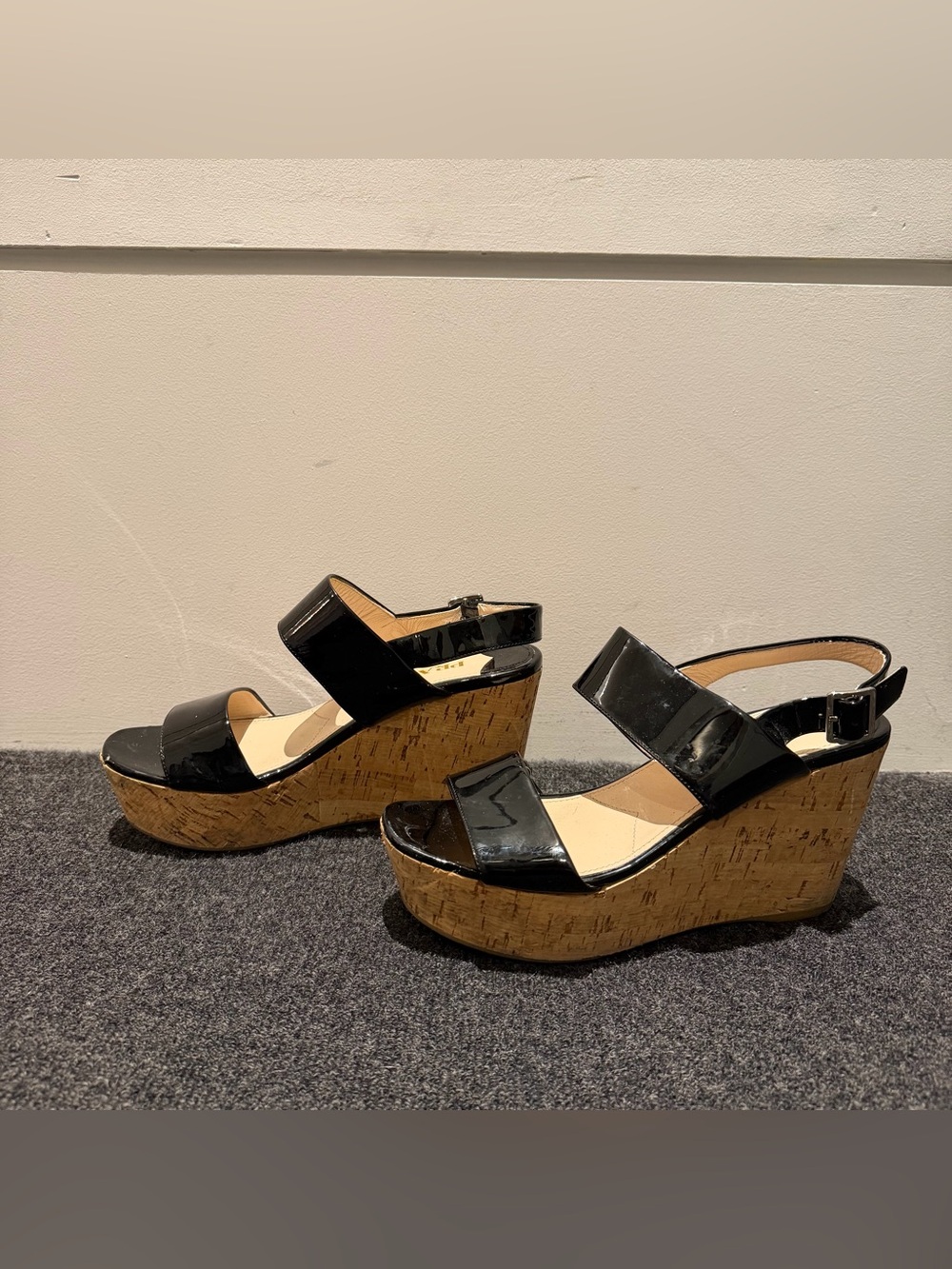 Prada Black Patent Cork Wedge Sandals